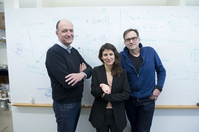 Left to right: Roland Pellenq of the Department of Civil and Environmental Engineering (CEE), Katerina Ioannidou of the MIT Energy Initiative, and Franz-Josef Ulm of CEE have developed a detailed understanding of the nanoscale forces at work as cement hardens — a critical step toward developing stronger, longer-lasting, less carbon-intensive concrete for “greener” construction in the future.