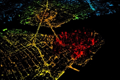Nighttime image of New York City, with the red showing a large population density. “The adoption potential of electric vehicles is remarkably similar across cities, from dense urban areas like New York, to sprawling cities like Houston. This goes against the view that electric vehicles — at least affordable ones, which have limited range — only really work in dense urban centers,” says Jes...