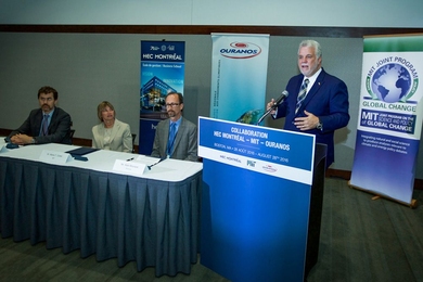 Québec Premier Philippe Couillard delivers remarks after Professor Pierre-Olivier Pineau, chair in energy sector management at HEC Montréal; MIT Vice President for Research Maria Zuber; and Ouranos Executive Director Alain Bourque sign an agreement to launch a new research collaboration to analyze cross-border, low-carbon energy policy options.