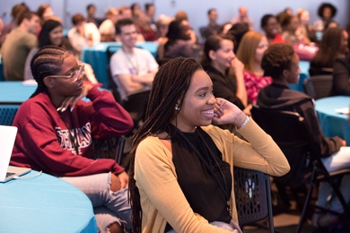 Lauren-Jenay Kelley (foreground) was among students attending the "No Permission, No Apologies" event at the MIT Media Lab, which addressed diversity, gender bias, and inclusion in STEM.