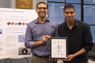 PolyClean, a team formed by PhD students Karim Gadelrab (left) and Mukarram Tahir, took home the $10,000 grand prize at yesterday’s MADMEC competition for developing a transparent, water-shedding coating for car windshields. 
