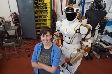 “One thing you realize working in this lab is that we are really far away from the robot apocalypse,” says MIT senior Sarah Hensley, who is working with a team of researchers to prepare Valkyrie, a humanoid robot, for future space missions.