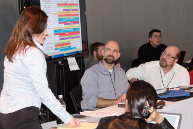 Left to right: Yashu Kauffman, director of assessment and evaluation for AIM Photonics Academy at MIT; Brian Anthony, director of MIT’s master of engineering in manufacturing program; and Abraham Michelen, Advanced Technological Education Council member and professor at Hudson Valley Community College, lead a roundtable discussion on roadmap competency needs in integrated photonics manufacturing...