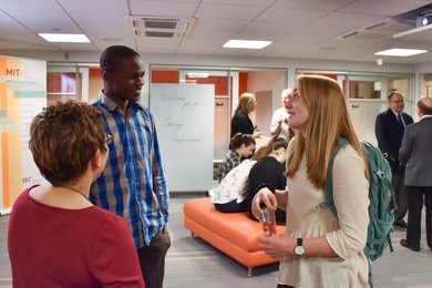 Academic Coordinator Ann Greaney-Williams (left) speaks with freshman Emmanuel Havugimana (center) and sophomore Rebecca Eisenach, who is vice president of the Undergraduate Energy Club, at the MITEI Undergraduate Energy Commons opening.
