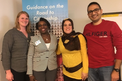 Left to right: HR volunteers Sarah Peterson and Theresa Howell with MIT research scientist Islam Hussein and his wife Randa Azab.