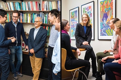Ahmed Ghoniem and graduate students (left); Katherine Kellogg and graduate students