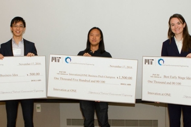 At Innovation@ONE, the Most Inventive Business Idea was presented to Jingjie Yeo (left) of Accuro Pressure Silk; the Business Pitch Champion was awarded to Justin Chen (center) of Motus View; and the Best Early Stage Idea was awarded to Paige Midstokke (right) of Safe Tap.