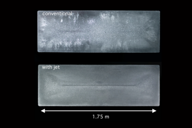 Solidified cross-sections from aluminum ingots were made using a conventional method (top) and a new jet metal process developed by MIT researchers. “The introduction of the jet induced a completely different recirculation of the grains, and therefore you get different microstructure all along the section,” says MIT Assistant Professor Antoine Allanore. 