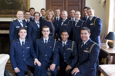Cadets from MIT Air Force ROTC Detachment 365 pose with Secretary of the Air Force Deborah Lee James (center).
