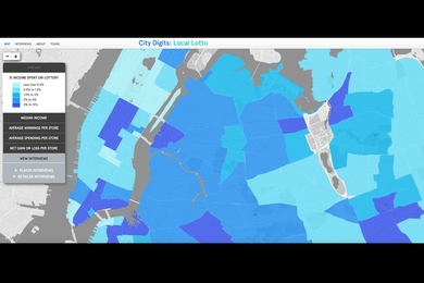 This map shows a city-level view of income percentage spent on lottery in New York City neighborhoods.