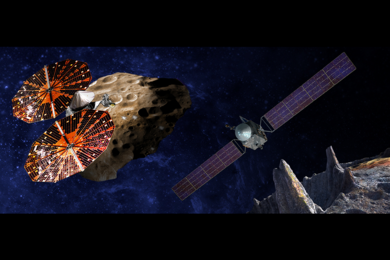 Left: An artist’s conception of the Lucy spacecraft flying by the Trojan Eurybates — one of the six diverse and scientifically important Trojans asteroids to be studied. Right: Psyche, the first mission to a metal asteroid, will map features, structure, composition, and magnetic field, and examine a landscape unlike anything explored before. 
