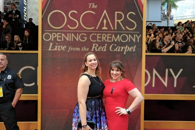 Clara Dresselhaus (left) and MIT graduate student Leora Cooper experience the red carpet at the 2017 Academy Awards, through sponsorship from GE. The women were invited to walk in honor of their grandmother, the late Mildred Dresselhaus, who starred in a recent GE campaign focused on supporting women in the STEM fields.