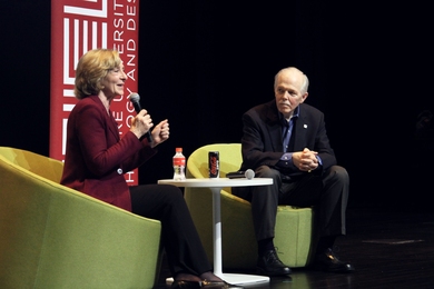 MIT President Emerita Susan Hockfield spoke at the Iconic Voices from MIT public lecture series on March 21, at the Singapore University of Technology Design. She was joined for a Q&A by SUTD President and MIT Institute Professor Thomas Magnanti.