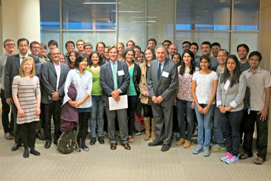 Tata Center students and staff pose with Ratan Tata (center-right), chair of the Tata Trusts.