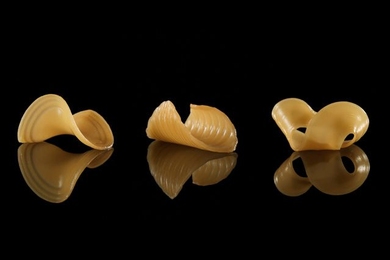 These pasta shapes were caused by immersing a 2-D flat film into water.
