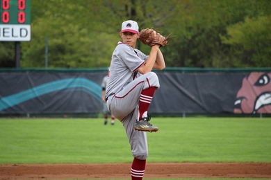 Senior David Hesslink pitches against Babson College in Babson Park, Massachusetts during game one of the NEWMAC Championship Series on May 6, 2017.