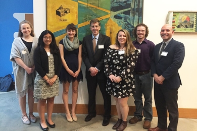 Left to right: Scholarship recipients Emily Himelrick, Marina Whitlow, and Kayla Nett; MIT FCU President and CEO Brian Ducharme; scholarship winners Giuliana D’India and Jesse Hinricher; and People Helping People Award Winner John Arroyo.