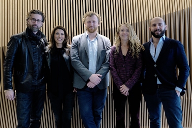 Left to right: Thomas Ermacora, futurist, urbanist and humanitarian; Hala Fadel MBA ’01, founder and chair of the MIT Enterprise Forum of the Pan-Arab region; Admir Masic, assistant professor of civil and environmental engineering at MIT; Lara Stein, MIT ReACT development director; and Riccardo Sabatini, scientist and entrepreneur.