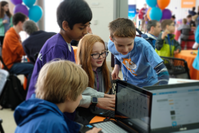 Throughout Scratch Day, children from the Boston area and farther afield collaborated on computing projects at the MIT Media Lab.