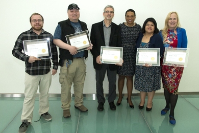 2017 SHASS Infinite Mile Award recipients pose with Dean Melissa Nobles. Left to right: Daniel Irvine, Albert Wang, Luis "Cuco" Daglio, Melissa Nobles, Ana Ludwig, and Barbara Keller.