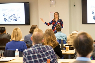 Catherine Good leads an interactive seminar on academic belonging with faculty, postdocs, and administrators from across MIT.  
