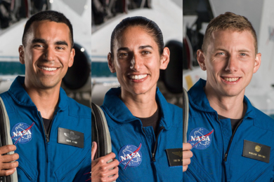 Three from MIT will train as NASA astronauts beginning in August: Raja Chari SM '01 (left), Jasmin Moghbeli '05 (center), and Assistant Professor Warren “Woody” Hoburg '08.