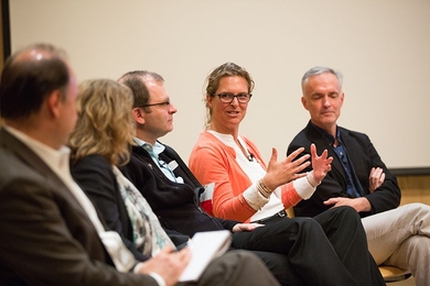 A panel discussion on the future of sensing technologies, moderated remotely by NPR talk show host Tom Ashbrook (not seen here), featured (from left to right) MIT Professor Vladimir Bulovic, The Engine President and CEO Katie Ray, MIT Professor David Mindell, Massachusetts Assistant Secretary of Innovation, Technology and Entrepreneurship Katie Stebbins, and MIT Professor James Collins.
