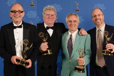 MIT winners at the 2017 New England Emmy Awards: (left to right) John Freidah of the Department of Mechanical Engineering; and Larry Gallagher, Jean Dunoyer, and Joe McMaster of MIT Video Productions.