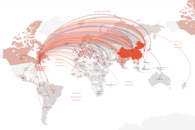 “MIT World” is an online map showing the countries of origin of MIT students and scholars from 1999 to present. Blue lines represent undergraduates, red lines represent grad students, and gray lines represent visiting faculty and others.