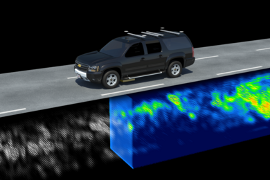 Localizing ground-penetrating radar (LGPR) developed at MIT Lincoln Laboratory uses inherently stable subsurface features and their geolocation to locate a vehicle, even in adverse weather conditions. Below the surface, an earlier map can be seen in gray on the left, while a current scan is shown in light blue under the vehicle, and the registered data is shown in blue and green behind the vehicle...