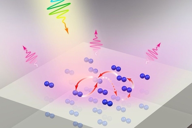 In this image, light strikes a molecular lattice deposited on a metal substrate. The molecules can quickly exchange energy with the metal below, a mechanism that leads to a much faster response time for the emission of fluorescent light from the lattice.
