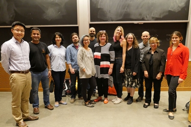 2017 Science Slam participants, host, and judges: (l-r) Xin Tang, Karthik Shekhar, Sudha Kumari, Deniz Atabay, Monika Avello, Sahin Naqvi, Emilie Marcus, Emma Kowal, Vivian Siegel, Ari Daniel, Ellen Clegg, and Nicole Aponte.