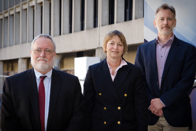 The new MIT Materials Research Laboratory (MRL) will streamline the organization of materials research on campus and enhance collaboration, Vice President for Research Maria Zuber (center) says. To Zuber’s left is MRL Director Carl Thompson, the Stavros Salapatas Professor of Materials Science and Engineering. They are joined by newly named MRL Co-Director Geoffrey Beach, who is an associate pro...