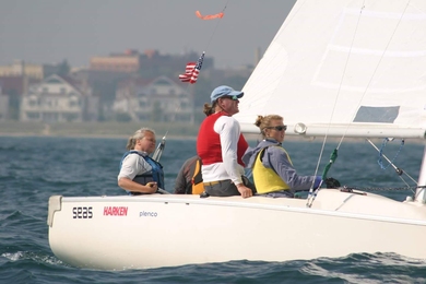MIT Human Resources administrative assistant Pauline Dowell (far left) competes in the 2017 Blind Sailing World Championship.
