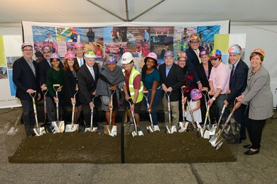 Ceremonial groundbreaking, left to right: City Councillor David Maher, MIT Director of Construction Richard Amster, MIT Graduate Student Council officer Krithika Ramchander, MIT Chancellor Cynthia Barnhart, MIT Real Estate Managing Director Steve Marsh, City Councillor Tim Toomey, Mayor E. Denise Simmons, City Councillor Craig Kelley, CAC student Brandy Altidor, City Councilor Marc McGovern, CAC E...