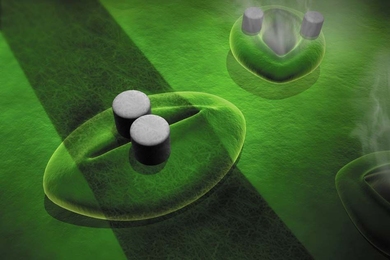 Artist's impression of the sensor comprised of conductive ink printed across a stoma with two micropillars. 
