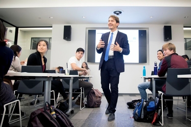 Bruno Verdini leads a class discussion for 11.011 (The Art and Science of Negotiation.) Verdini is a lecturer on urban planning and negotiation in the MIT Department of Urban Studies and Planning, as well as the executive director of the MIT-Harvard Mexico Negotiation Program.