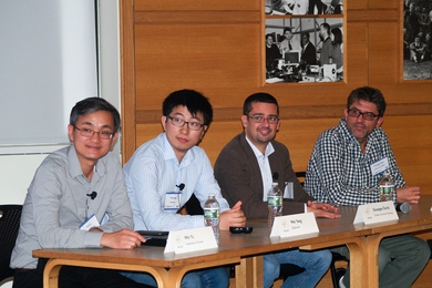 At an MIT workshop on the internet of things, experts discussed massive multiple-access. From left to right: Wei Yang of Qualcomm, Wei Yu of the University of Toronto, Giuseppe Durisi of Chalmers University, and Giuseppe Caire of the Technical University of Berlin.