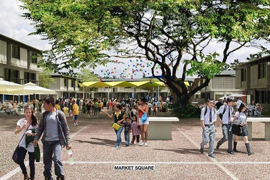 Adèle Naudé Santos and Débora Mesa's plan for low-income housing in Colombia includes a market square within the  proposed live-work neighborhood.  