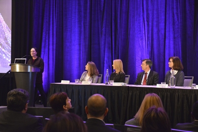 Project leader Gigi Hirsch, executive director of the MIT Center for Biomedical Innovation and NEWDIGS Initiative, announced LEAPS at the Next Wave Forum on Dec. 12. Also pictured, left to right: Krystyn, J. Van Vliet, associate provost at MIT; Kourtney Davis, global head of real world data and analytics at GlaxoSmithKline; Felipe Dolz, vice president of global regulatory science and policy at San...