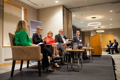 In a panel discussion during the Dec. 7-8 climate summit at MIT, one of the liveliest discussions also featured some of the most diverse perspectives, as speakers delved into the complex issues surrounding decarbonization of the transportation sector. From left to right: Vicki Arroyo (moderator), Georgetown Climate Center; Jessika Trancik, MIT; Stephanie Pollack, Massachusetts Department of Transp...