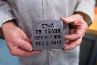 The Department of Nuclear Science and Engineering and the Nuclear Reactor Lab celebrated the 75th anniversary of CP-1’s first human-made nuclear fission chain reaction. Pieces of reactor-grade graphite, identical to that used in MIT’s graphite exponential pile, were cut to make souvenirs for the event.