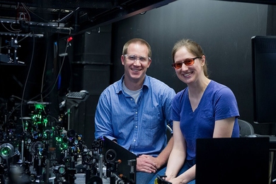Professor William Tisdale (left), Rachel Gilmore PhD '17, and their colleagues are developing novel methods of synthesizing quantum dot materials for use in solar cells, LEDs, and more. Testing confirms that their new techniques enable them to control the nanoscale structure of their materials — the key to high performance in energy devices.