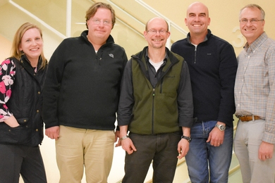 Five cancer researchers make up the MIT Center for Precision Cancer Medicine’s founding faculty. Left to right: Angela Koehler, Michael Hemann, Michael Yaffe (director), Forest White, and Matthew Vander Heiden.