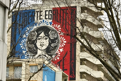 In the 13th district, the students discovered "Liberté, Égalité, Fraternité," a building-mural designed by the artist Shepard Fairey, who gifted it to Paris after the attacks of 2015.