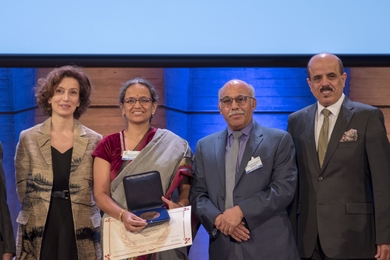 Left to right: Audrey Azoulay, director-general, UNESCO; Professor Padma Sarangapani, chairperson, Center for Education Innovation and Action Research, Tata Institute of Social Sciences; Vijay Kumar, associate dean for open learning and PI of CLIx; and H.E. Majed Bin Ali Al-Noaimi, minister of education of the Kingdom of Bahrain.