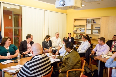 Members of the Workplace Learning at J-WEL Consortium in discussion during the inaugural J-WEL Week in October 2017.