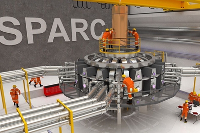 Visualization of the proposed SPARC tokamak experiment. Using high-field magnets built with newly available high-temperature superconductors, this experiment would be the first controlled fusion plasma to produce net energy output.   


