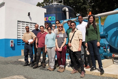 Professor Dale Morgan (second from left) and the MIT group visit a water treatment site in St. Lucia. 