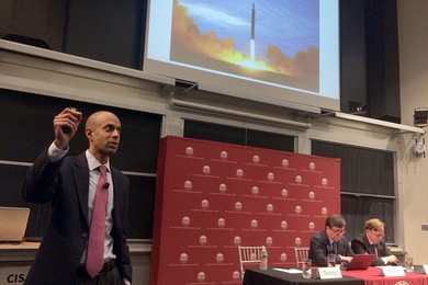 Vipin Narang (left), associate professor of political science and a member of the Security Studies Program, discusses the North Korean nuclear crisis at a Starr Forum event sponsored by the Center for International Studies.